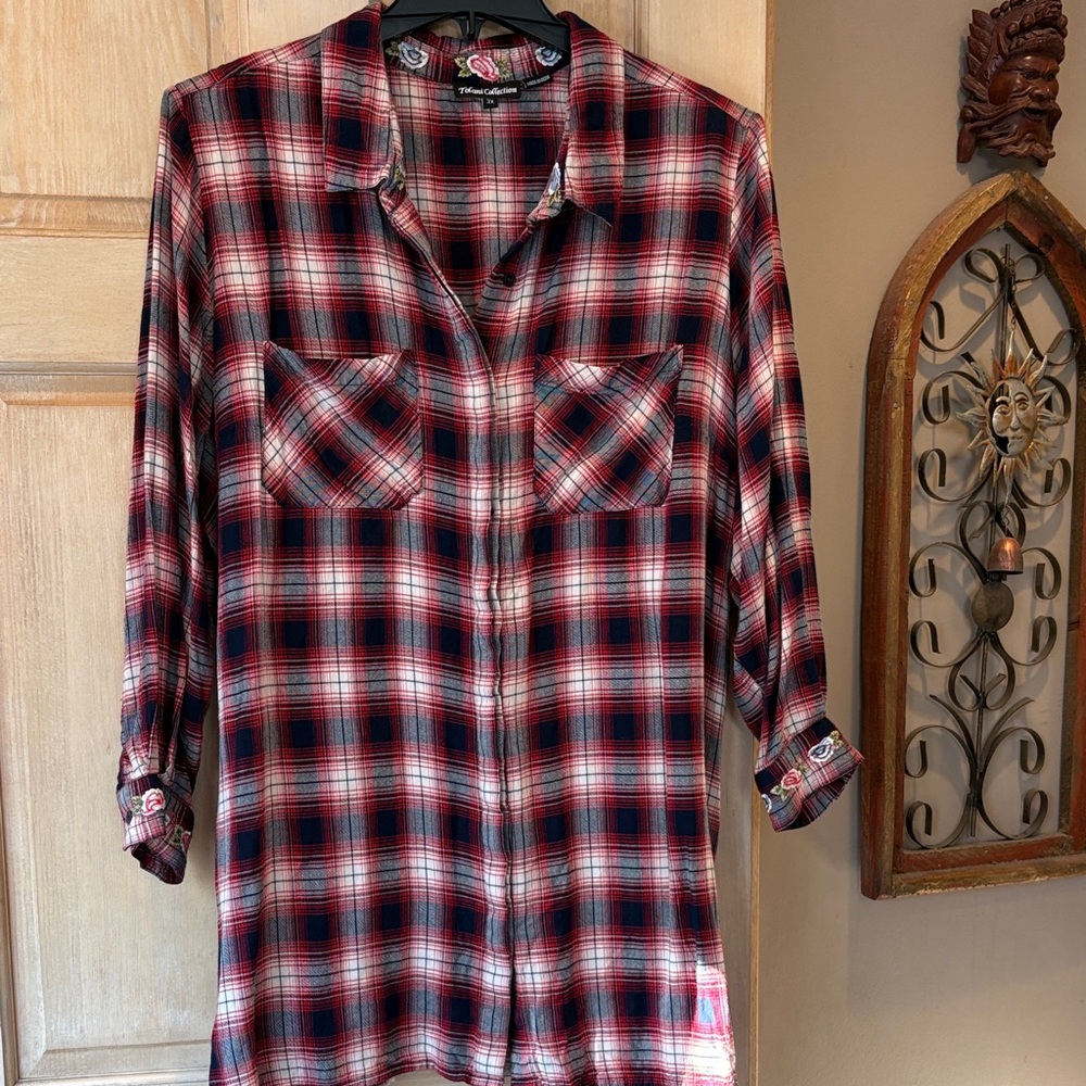 Tolani Embroidered Red and Blue Plaid Shirt Size 3X